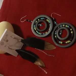 Z & N earrings 2 pair black & gold feathers and flat black & beaded hoops